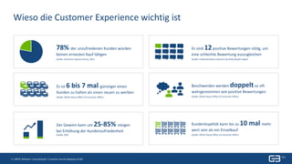 3 | Titel| 24. Mai 2019
3 | GBTEC Software + Consulting AG | Customer Journey Mapping mit BIC
Wieso die Customer Experience wichtig ist
78% der unzufriedenen Kunden würden
keinen erneuten Kauf tätigen
Quelle: American Express Survey, 2011
Es ist 6 bis 7 mal günstiger einen
Kunden zu halten als einen neuen zu werben
Quelle: White House Office of Consumer Affairs
Kundenloyalität kann bis zu 10 mal mehr
wert sein als ein Einzelkauf
Quelle: White House Office of Consumer Affairs
Es sind 12positive Bewertungen nötig, um
eine schlechte Bewertung auszugleichen
Quelle: Understanding Customers by Ruby Newell-Legner
Beschwerden werden doppeltso oft
wahrgenommen wie positive Bewertungen
Quelle: White House Office of Consumer Affairs
Der Gewinn kann um 25-85% steigen
bei Erhöhung der Kundenzufriedenheit
Quelle: NOP
 