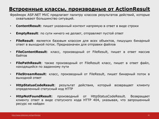 http://www.slideshare.net/IgorShkulipa 18
Встроенные классы, производные от ActionResult
Фрейморк ASP.NET MVC предлагает палитру классов результатов действий, которые
охватывают большинство ситуаций.
• ContentResult: пишет указанный контент напрямую в ответ в виде строки
• EmptyResult: по сути ничего не делает, отправляет пустой ответ
• FileResult: является базовым классом для всех объектов, пишущих бинарный
ответ в выходной поток. Предназначен для отправки файлов
• FileContentResult: класс, производный от FileResult, пишет в ответ массив
байтов
• FilePathResult: также производный от FileResult класс, пишет в ответ файл,
находящийся по заданному пути
• FileStreamResult: класс, производный от FileResult, пишет бинарный поток в
выходной ответ
• HttpStatusCodeResult: результат действия, который возвращает клиенту
определенный статусный код HTTP
• HttpNotFoundResult: производный от HttpStatusCodeResult. Возвращает
клиенту ответ в виде статусного кода HTTP 404, указывая, что запрошенный
ресурс не найден
 