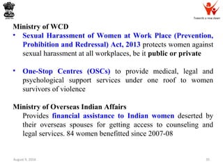 Towards a new dawn
August 9, 2016 35
Ministry of WCD
• Sexual Harassment of Women at Work Place (Prevention,
Prohibition and Redressal) Act, 2013 protects women against
sexual harassment at all workplaces, be it public or private
• One-Stop Centres (OSCs) to provide medical, legal and
psychological support services under one roof to women
survivors of violence
Ministry of Overseas Indian Affairs
Provides financial assistance to Indian women deserted by
their overseas spouses for getting access to counseling and
legal services. 84 women benefitted since 2007-08
 