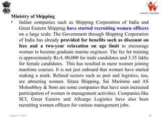 Towards a new dawn
August 9, 2016 38
Ministry of Shipping
• Indian companies such as Shipping Corporation of India and
Great Eastern Shipping have started recruiting women officers
on a large scale. The Government through Shipping Corporation
of India has already provided for benefits such as discount on
fees and a two-year relaxation on age limit to encourage
women to become graduate marine engineer. The fee for training
is approximately Rs.4, 00,000 for male candidates and 3.35 lakhs
for female candidates. This has resulted in more women joining
maritime courses. It is not just onboard that women have started
making a mark. Related sectors such as port and logistics, too,
are attracting women. Sitara Shipping, Sai Maritime and AS
Moloobhoy & Sons are some companies that have seen increased
participation of women in management activities. Companies like
SCI, Great Eastern and Allcargo Logistics have also been
recruiting women officers for various management jobs.
 