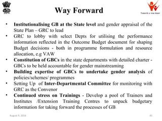 Towards a new dawn
August 9, 2016 45
Way Forward
• Institutionalising GB at the State level and gender appraisal of the
State Plan – GRC to lead
• GRC to lobby with select Depts for utilising the performance
information reflected in the Outcome Budget document for shaping
Budget decisions - both in programme formulation and resource
allocation, e.g VAW
• Constitution of GBCs in the state departments with detailed charter -
GBCs to be held accountable for gender mainstreaming
• Building expertise of GBCs to undertake gender analysis of
policies/schemes/ programmes
• Setting Up of Inter-Departmental Committee for monitoring with
GRC as the Convenor
• Continued stress on Trainings - Develop a pool of Trainers and
Institutes /Extension Training Centres to unpack budgetary
information for taking forward the processes of GB
 