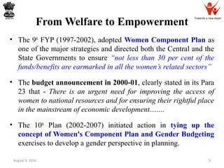 Towards a new dawn
From Welfare to Empowerment
• The 9th
FYP (1997-2002), adopted Women Component Plan as
one of the major strategies and directed both the Central and the
State Governments to ensure “not less than 30 per cent of the
funds/benefits are earmarked in all the women’s related sectors”
• The budget announcement in 2000-01, clearly stated in its Para
23 that - There is an urgent need for improving the access of
women to national resources and for ensuring their rightful place
in the mainstream of economic development........
• The 10th
Plan (2002-2007) initiated action in tying up the
concept of Women's Component Plan and Gender Budgeting
exercises to develop a gender perspective in planning.
August 9, 2016 5
 