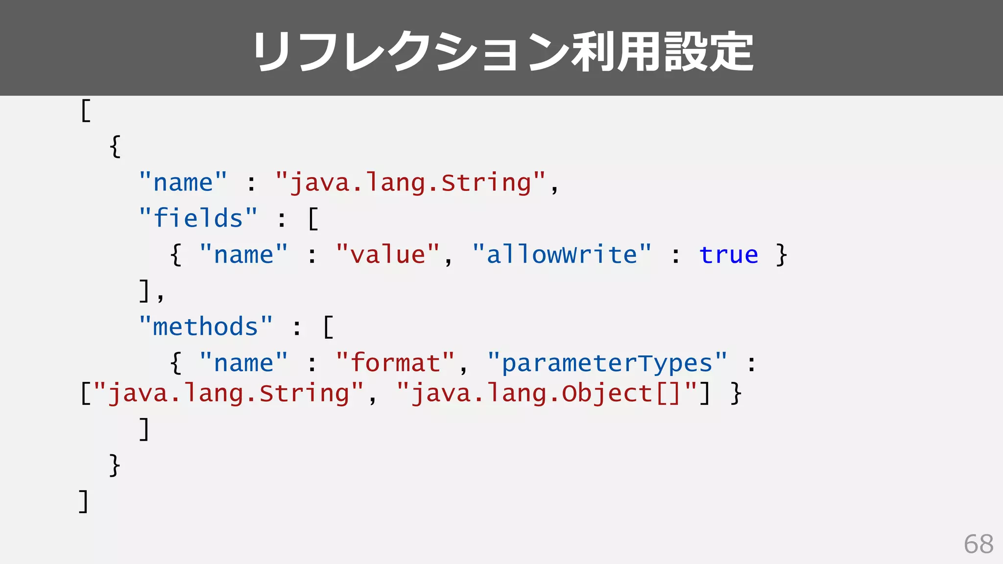 リフレクション利用設定
68
[
{
"name" : "java.lang.String",
"fields" : [
{ "name" : "value", "allowWrite" : true }
],
"methods" : [
{ "name" : "format", "parameterTypes" :
["java.lang.String", "java.lang.Object[]"] }
]
}
]
 