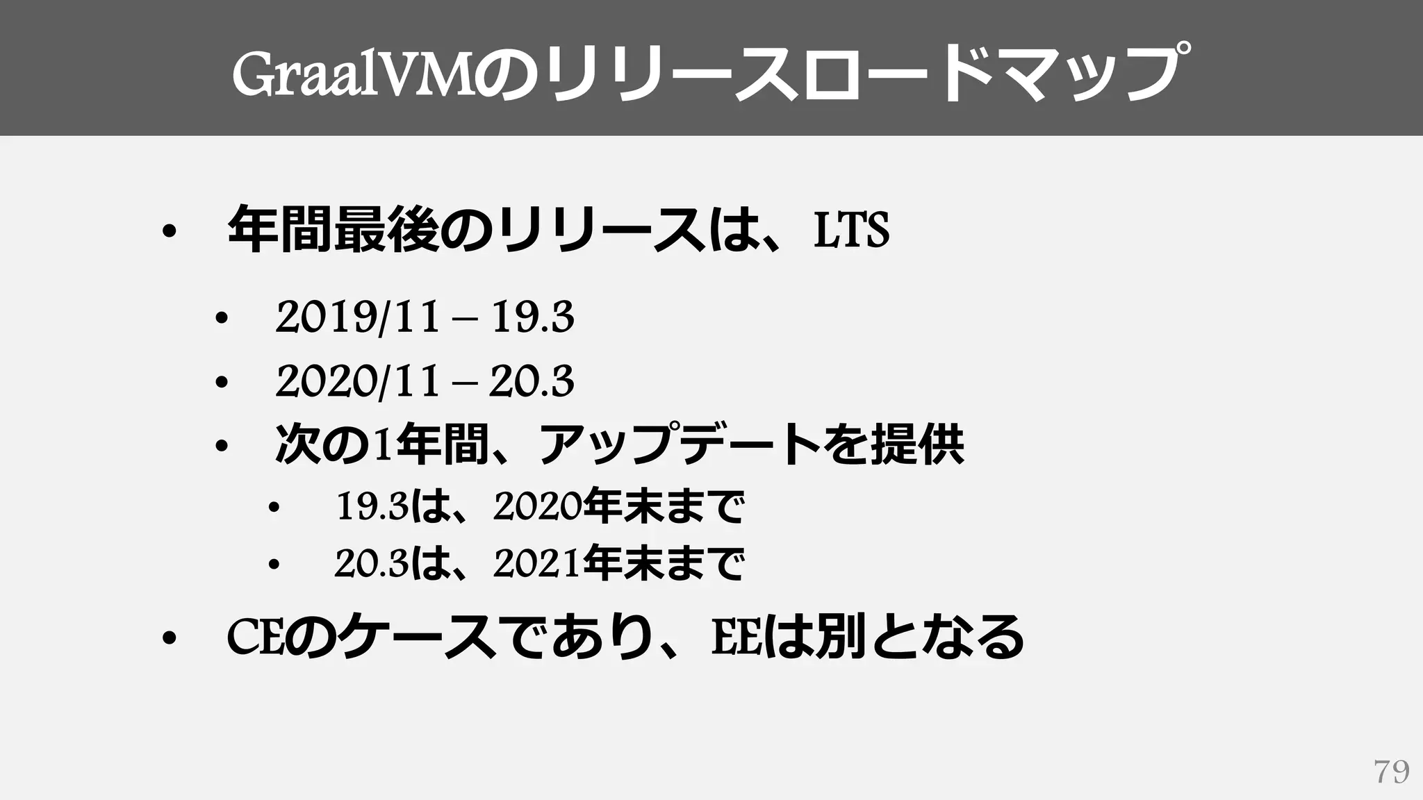 GraalVMのリリースロードマップ
79
• 年間最後のリリースは、LTS
• 2019/11 – 19.3
• 2020/11 – 20.3
• 次の1年間、アップデートを提供
• 19.3は、2020年末まで
• 20.3は、2021年末まで
• CEのケースであり、EEは別となる
 