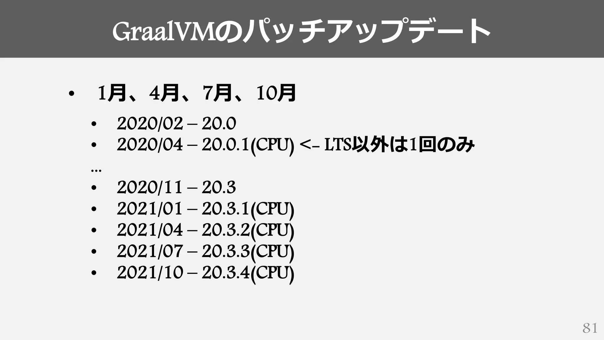 GraalVMのパッチアップデート
81
• 1月、4月、7月、10月
• 2020/02 – 20.0
• 2020/04 – 20.0.1(CPU) <- LTS以外は1回のみ
...
• 2020/11 – 20.3
• 2021/01 – 20.3.1(CPU)
• 2021/04 – 20.3.2(CPU)
• 2021/07 – 20.3.3(CPU)
• 2021/10 – 20.3.4(CPU)
 