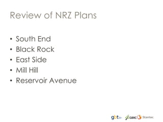 Review of NRZ Plans
• South End
• Black Rock
• East Side
• Mill Hill
• Reservoir Avenue
 