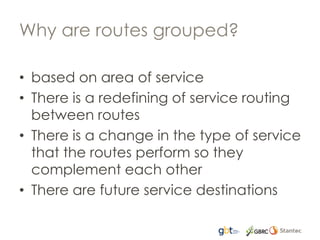 Why are routes grouped?
• based on area of service
• There is a redefining of service routing
between routes
• There is a change in the type of service
that the routes perform so they
complement each other
• There are future service destinations
 