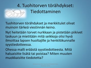4. Tuohitorven törähdykset:
Tiedottaminen
Tuohitorven törähdykset ja merkkitulet olivat
muinoin tärkeä viestinnän keino.
Nyt heitetään torvet nurkkaan ja pistetään piikivet
taskuun ja mietitään mitä seikkoja olisi hyvä
ilmoittaa lapsen huoltajille ja henkilökunnalle
syystiedotteessa.
Ohessa malli eräästä syystiedotteesta. Mitä
haluaisitte lisätä tai poistaa? Miten muuten
muokkaisitte tiedotetta?
Joensuun seudun ops-koordinaattori Satu
Huttunen 2015
 