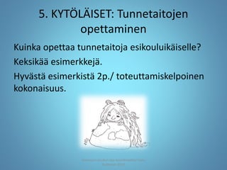5. KYTÖLÄISET: Tunnetaitojen
opettaminen
Kuinka opettaa tunnetaitoja esikouluikäiselle?
Keksikää esimerkkejä.
Hyvästä esimerkistä 2p./ toteuttamiskelpoinen
kokonaisuus.
Joensuun seudun ops-koordinaattori Satu
Huttunen 2015
 