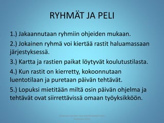 RYHMÄT JA PELI
1.) Jakaannutaan ryhmiin ohjeiden mukaan.
2.) Jokainen ryhmä voi kiertää rastit haluamassaan
järjestyksessä.
3.) Kartta ja rastien paikat löytyvät koulutustilasta.
4.) Kun rastit on kierretty, kokoonnutaan
luentotilaan ja puretaan päivän tehtävät.
5.) Lopuksi mietitään miltä osin päivän ohjelma ja
tehtävät ovat siirrettävissä omaan työyksikköön.
Joensuun seudun ops-koordinaattori Satu
Huttunen 2015
 