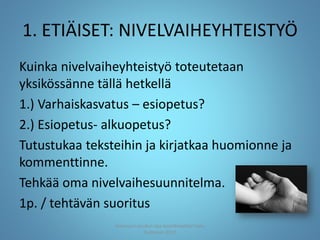 1. ETIÄISET: NIVELVAIHEYHTEISTYÖ
Kuinka nivelvaiheyhteistyö toteutetaan
yksikössänne tällä hetkellä
1.) Varhaiskasvatus – esiopetus?
2.) Esiopetus- alkuopetus?
Tutustukaa teksteihin ja kirjatkaa huomionne ja
kommenttinne.
Tehkää oma nivelvaihesuunnitelma.
1p. / tehtävän suoritus
Joensuun seudun ops-koordinaattori Satu
Huttunen 2015
 