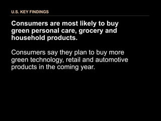 U.S. KEY FINDINGS


Consumers are most likely to buy
green personal care, grocery and
household products.

Consumers say they plan to buy more
green technology, retail and automotive
products in the coming year.
 
