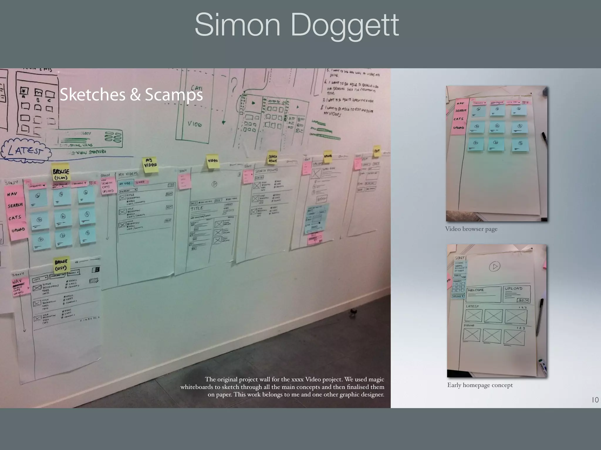 Simon Doggett

Sketches & Scamps




                                                                                            Video browser page




                      The original project wall for the xxxx Video project. We used magic
              whiteboards to sketch through all the main conc                               Early homepage concept
                       on paper. This work belongs to me and one other graphic designer.
                                                                                                                     10
 