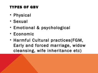 TYPES OF GBV

•
•
•
•
•

Physical
Sexual
Emotional & psychological
Economic
Harmful Cultural practices(FGM,
Early and forced marriage, widow
cleansing, wife inheritance etc)

 