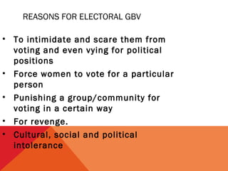 REASONS FOR ELECTORAL GBV
• To intimidate and scare them from
voting and even vying for political
positions
• Force women to vote for a particular
person
• Punishing a group/community for
voting in a certain way
• For revenge.
• Cultural, social and political
intolerance

 