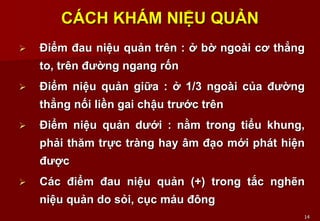14
CÁCH KHÁM NIỆU QUẢN
 Điểm đau niệu quản trên : ở bờ ngoài cơ thẳng
to, trên đường ngang rốn
 Điểm niệu quản giữa : ở 1/3 ngoài của đường
thẳng nối liền gai chậu trước trên
 Điểm niệu quản dưới : nằm trong tiểu khung,
phải thăm trực tràng hay âm đạo mới phát hiện
được
 Các điểm đau niệu quản (+) trong tắc nghẽn
niệu quản do sỏi, cục máu đông
 