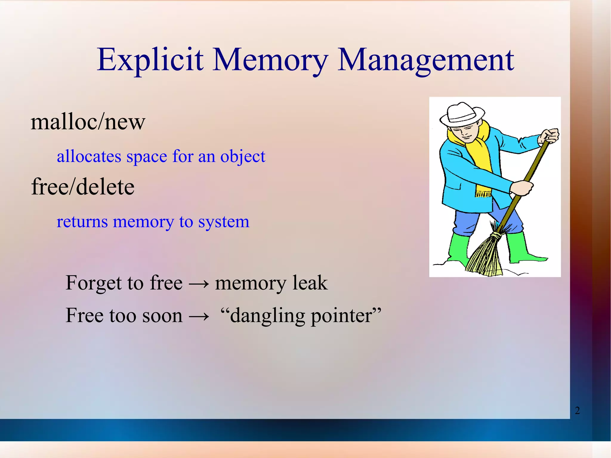 Explicit Memory Management malloc/new allocates space for an object free/delete returns memory to system Forget to free -> memory leak 