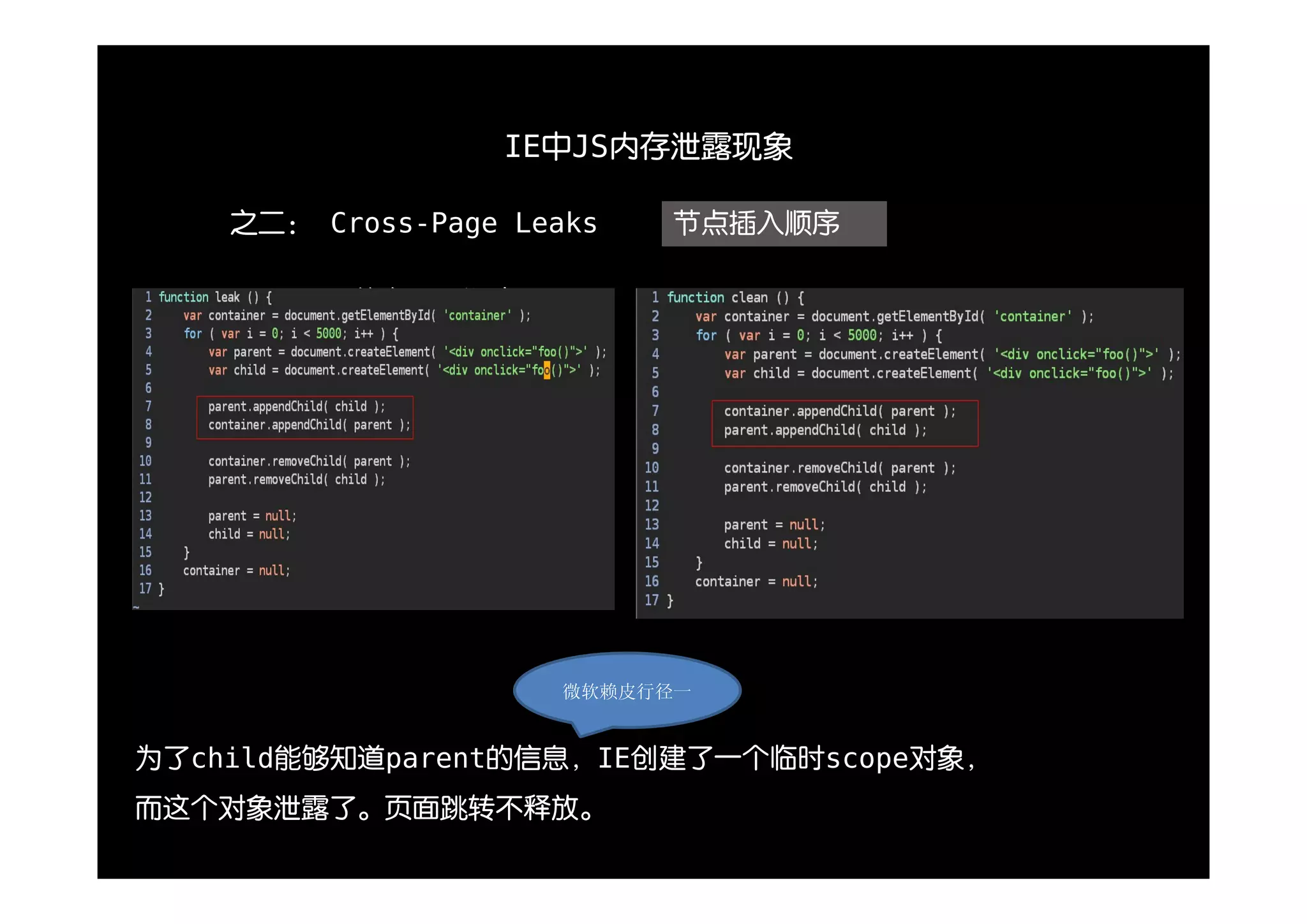 IE中JS内存泄露现象

    之二： Cross-Page Leaks    节点插入顺序

          节点插入顺序




                      微软赖皮行径一


为了child能够知道parent的信息，IE创建了一个临时scope对象，
而这个对象泄露了。页面跳转不释放。
 