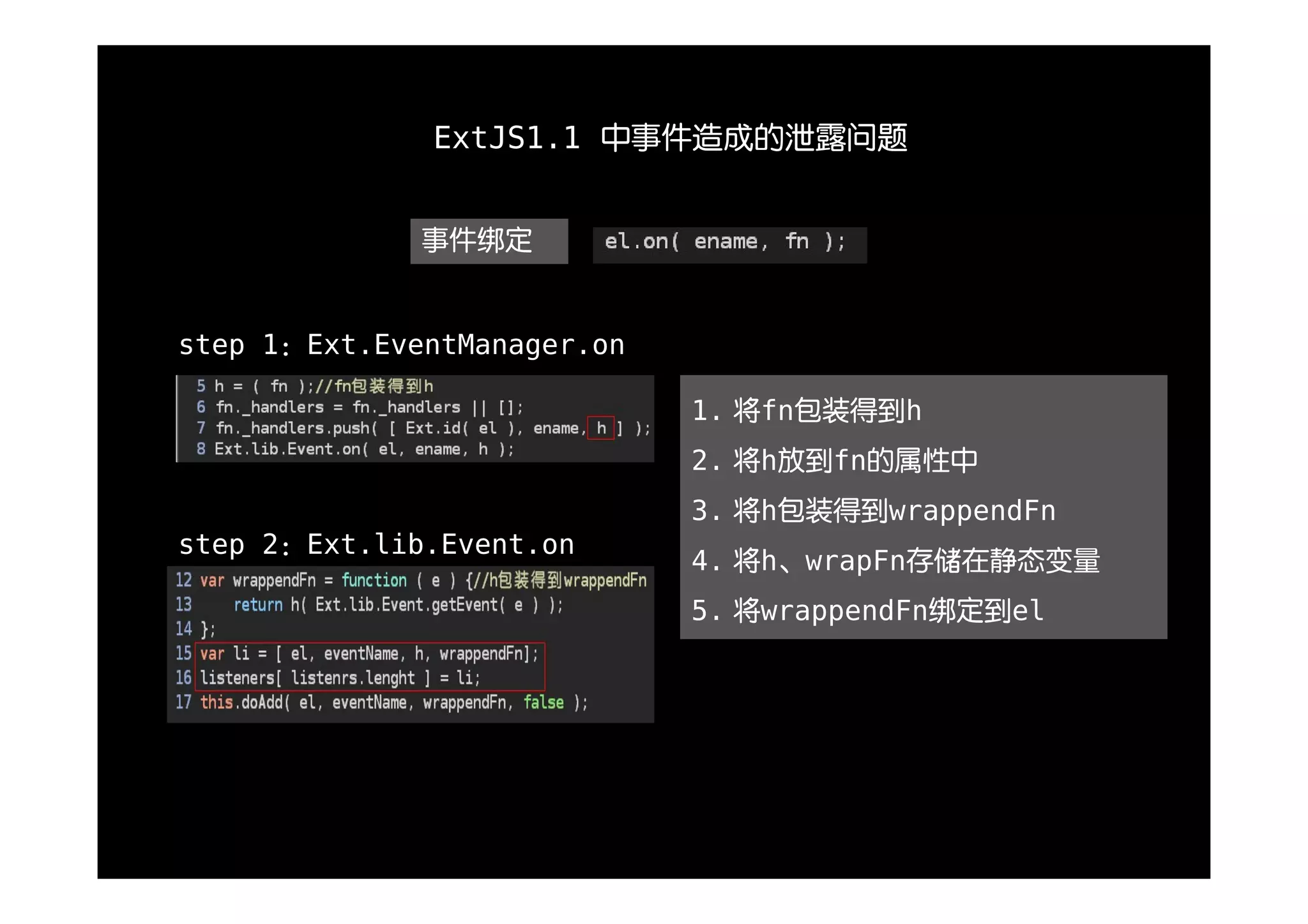 ExtJS1.1 中事件造成的泄露问题


              事件绑定


step 1：Ext.EventManager.on

                             1. 将fn包装得到h
                             2. 将h放到fn的属性中
                             3. 将h包装得到wrappendFn
step 2：Ext.lib.Event.on
                             4. 将h、wrapFn存储在静态变量
                             5. 将wrappendFn绑定到el
 