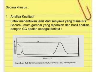 Secara khusus :
1. Analisa Kualitatif
untuk menentukan jenis dari senyawa yang dianalisis.
Secara umum gambar yang diperoleh dari hasil analisis
dengan GC adalah sebagai berikut :

 
