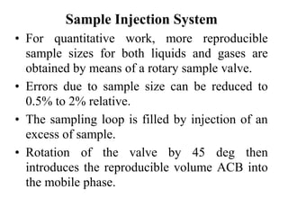 Sample Injection System 
• For quantitative work, more reproducible 
sample sizes for both liquids and gases are 
obtained by means of a rotary sample valve. 
• Errors due to sample size can be reduced to 
0.5% to 2% relative. 
• The sampling loop is filled by injection of an 
excess of sample. 
• Rotation of the valve by 45 deg then 
introduces the reproducible volume ACB into 
the mobile phase. 
 