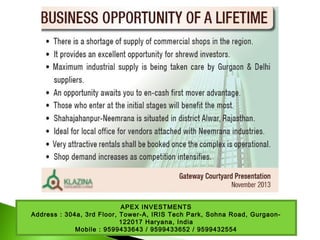 APEX INVESTMENTS
Address : 304a, 3rd Floor, Tower-A, IRIS Tech Park, Sohna Road, Gurgaon-
122017 Haryana, India
Mobile : 9599433643 / 9599433652 / 9599432554
 