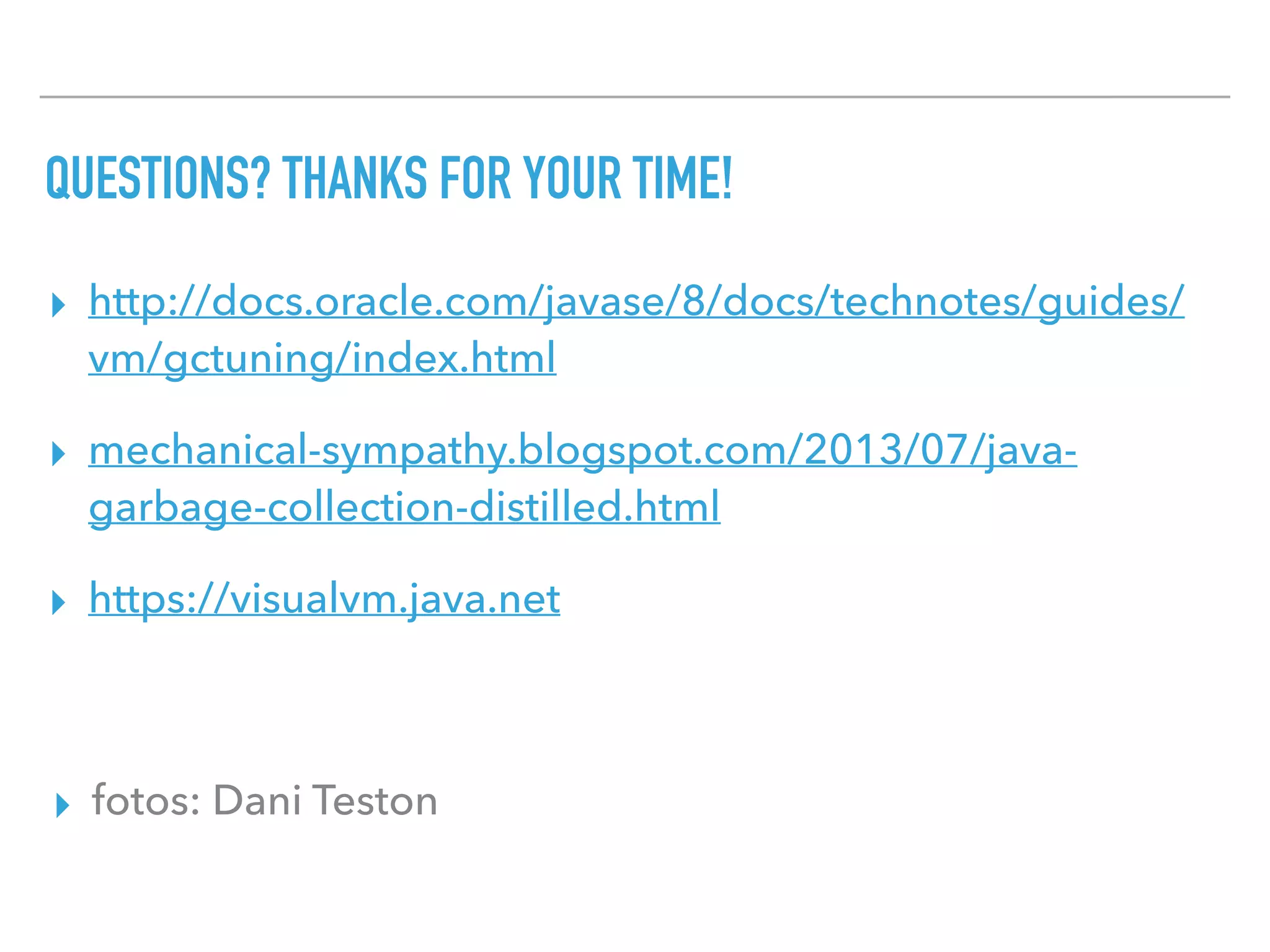 QUESTIONS? THANKS FOR YOUR TIME!
▸ http://docs.oracle.com/javase/8/docs/technotes/guides/
vm/gctuning/index.html
▸ mechanical-sympathy.blogspot.com/2013/07/java-
garbage-collection-distilled.html
▸ https://visualvm.java.net
▸ fotos: Dani Teston
 