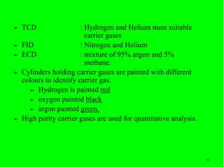 10
➢ TCD : Hydrogen and Helium most suitable
carrier gases
➢ FID : Nitrogen and Helium
➢ ECD : mixture of 95% argon and 5%
methane.
➢ Cylinders holding carrier gases are painted with different
colours to identify carrier gas.
➢ Hydrogen is painted red
➢ oxygen painted black
➢ argon painted green.
➢ High purity carrier gases are used for quantitative analysis.
10
 