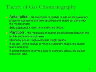 28
Theory of Gas Chromatography
■ Adsorption: the molecules of analyte reside on the stationary
phase for sometime and then desorbed and eluted out along with
the mobile phase.
■ Solid adsorbent is used as a stationary phase.
■ Partition : the molecules of analyte get distributed between the
mobile and stationary phases.
■ Stationary phase : high molecular weight liquids.
■ If the con. Of the analyte is more in stationary phase, the elution
takes more time.
■ If concentration of analyte is less in stationary phase, the elution
takes less time.
28
 