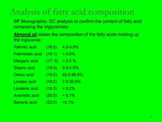37
Analysis of fatty acid composition
BP Monographs- GC analysis to confirm the content of fatty acid
composing the triglycerides
Almond oil states the composition of the fatty acids making up
the triglyceride :
Palmitic acid (16:0) 4.0-9.0%
Palmitoleic acid (16:1) < 0.6%
Margaric acid (17: 0) < 2.0 %
Stearic acid (18:0) 0.9-2.0%
Oleioc acid (18:2) 62.0-86.0%
Linoleic acid (18:2) 7.0-30.0%
Linolenic acid (18:3) < 0.2%
Arachidic acid (20:0) < 0.1%
Behenic acid (22:0) <0.1%
37
 