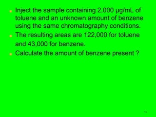 74
■ Inject the sample containing 2,000 μg/mL of
toluene and an unknown amount of benzene
using the same chromatography conditions.
■ The resulting areas are 122,000 for toluene
and 43,000 for benzene.
■ Calculate the amount of benzene present ?
 