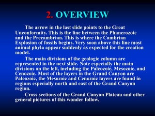 2. OVERVIEW
The arrow in the last slide points to the Great
Unconformity. This is the line between the Phanerozoic
and the Precambrian. This is where the Cambrian
Explosion of fossils begins. Very soon above this line most
animal phyla appear suddenly as expected for the creation
model.
The main divisions of the geologic column are
represented in the next slide. Note especially the main
divisions on the left, including the Paleozoic, Mesozoic, and
Cenozoic. Most of the layers in the Grand Canyon are
Paleozoic, the Mesozoic and Cenozoic layers are found in
regions especially north and east of the Grand Canyon
region.
Cross sections of the Grand Canyon Plateau and other
general pictures of this wonder follow.
 