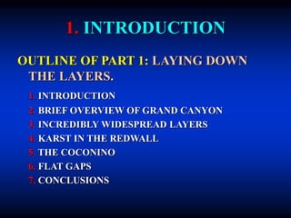 1. INTRODUCTION
OUTLINE OF PART 1: LAYING DOWN
THE LAYERS.
1. INTRODUCTION
2. BRIEF OVERVIEW OF GRAND CANYON
3. INCREDIBLY WIDESPREAD LAYERS
4. KARST IN THE REDWALL
5. THE COCONINO
6. FLAT GAPS
7. CONCLUSIONS
 