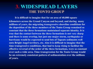 3. WIDESPREAD LAYERS
THE TONTO GROUP
It is difficult to imagine that for an area of 40,000 square
kilometers across the Grand Canyon and beyond, and during many
millions of years, the migrating transgressive shoreline conditions for
the deposition of the three members of the Tonto Group remained so
constant that the three formations maintained separate identity. It is
true that the contact between the three formations is not very sharp
and there is some overlap, but just one major storm, earthquake or
hurricane would be expected to send lots of Tapeats sediments well
onto Bright Angel territory, etc. Also it is difficult to imagine that the
time transgressive conditions, that had to keep rising to facilitat the
effective reversal of the order of the three formations, were so constant
over such a wide area. Time transgression for the Tonto Group would
be an extremely consistent pattern of sedimentation over the millions
of years.
 