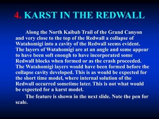 4. KARST IN THE REDWALL
Along the North Kaibab Trail of the Grand Canyon
and very close to the top of the Redwall a collapse of
Watahomigi into a cavity of the Redwall seems evident.
The layers of Watahomigi are at an angle and some appear
to have been soft enough to have incorporated some
Redwall blocks when formed or as the crash proceeded.
The Watahomigi layers would have been formed before the
collapse cavity developed. This is as would be expected for
the short time model, where internal solution of the
Redwall occurred sometime later. This is not what would
be expected for a karst model.
The feature is shown in the next slide. Note the pen for
scale.
 
