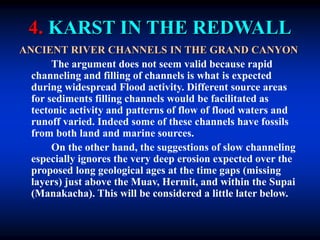 4. KARST IN THE REDWALL
ANCIENT RIVER CHANNELS IN THE GRAND CANYON
The argument does not seem valid because rapid
channeling and filling of channels is what is expected
during widespread Flood activity. Different source areas
for sediments filling channels would be facilitated as
tectonic activity and patterns of flow of flood waters and
runoff varied. Indeed some of these channels have fossils
from both land and marine sources.
On the other hand, the suggestions of slow channeling
especially ignores the very deep erosion expected over the
proposed long geological ages at the time gaps (missing
layers) just above the Muav, Hermit, and within the Supai
(Manakacha). This will be considered a little later below.
 