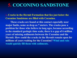5. COCONINO SANDSTONE
c. Cracks in the Hermit Formation that lies just below the
Coconino Sandstone are filled with Coconino.
These cracks are found at this contact especially near
major faults, some as deep as 7 meters. The cracks pose a
problem for those who believe in long ages, because according
to the standard geologic time scale, there is a gap of 6 million
years of missing sediments between the Coconino and the
Hermit. How could the cracks in the Hermit remain open for
millions of years waiting for the Coconino? Wind and rain
would quickly fill them with sediments.
 