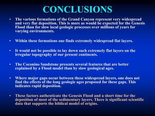 CONCLUSIONS
• The various formations of the Grand Canyon represent very widespread
and very flat deposition. This is more as would be expected for the Genesis
Flood than for slow local geologic processes over millions of years for
varying environments.
• Within these formations one finds extremely widespread flat layers.
• It would not be possible to lay down such extremely flat layers on the
irregular topography of our present continents.
• The Coconino Sandstone presents several features that are better
explained by a Flood model than by slow geological ages.
• Where major gaps occur between these widespread layers, one does not
find the effects of the long geologic ages proposed for these gaps. This
indicates rapid deposition.
• These factors authenticate the Genesis Flood and a short time for the
deposition of most of the sedimentary layers. There is significant scientific
data that supports the biblical model of origins.
 