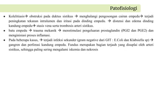 ● Kolelitiasis obstruksi pada duktus sistikus  menghalangi pengosongan cairan empedu terjadi
peningkatan tekanan intralumen dan iritasi pada dinding empedu.  distensi dan edema dinding
kandung empedu stasis vena serta trombosis arteri sistikus.
● batu empedu  trauma mekanik  menstimulasi pengeluaran prostaglandin (PGI2 dan PGE2) dan
menginisiasi proses inflamasi.
● Pada beberapa kasus,  terjadi infeksi sekunder (gram negative dari GIT : E.Coli dan Klabsiella sp) 
gangren dan perforasi kandung empedu. Fundus merupakan bagian terjauh yang disuplai oleh arteri
sistikus, sehingga paling sering mengalami iskemia dan nekrosis
Patofisiologi
 