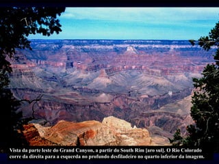 Vista da parte leste do Grand Canyon, a partir do South Rim [aro sul]. O Rio Colorado
corre da direita para a esquerda no profundo desfiladeiro no quarto inferior da imagem.
 