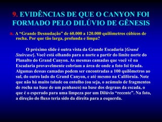 9. EVIDÊNCIAS DE QUE O CANYON FOI
FORMADO PELO DILÚVIO DE GÊNESIS
a. A “Grande Desnudação” de 60.000 a 120.000 quilômetros cúbicos de
rocha. Por que tão larga, profunda e limpa?
O próximo slide é outra vista da Grande Escadaria [Grand
Staircase]. Você está olhando para o norte a partir do limite norte do
Planalto do Grand Canyon. As mesmas camadas que você vê na
Escadaria provavelmente cobriam a área de onde a foto foi tirada.
Algumas dessas camadas podem ser encontradas a 100 quilômetros ao
sul, do outro lado do Grand Canyon, e até mesmo na Califórnia. Note
que não há muito talude ou entulho (ou seja, o acúmulo de fragmentos
de rocha na base de um penhasco) na base dos degraus da escada, o
que é o esperado para uma limpeza por um Dilúvio “recente”. Na foto,
a direção do fluxo teria sido da direita para a esquerda.
 