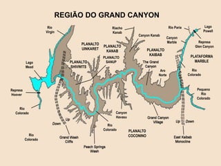 REGIÃO DO GRAND CANYON
Rio
Virgin
Lago
Mead
Represa
Hoover
Rio
Colorado
PLATAFORMA
MARBLE
PLANALTO
COCONINO
PLANALTO
KAIBAB
PLANALTO
UINKARET
PLANALTO
KANAB
PLANALTO
SANUPPLANALTO
SHIVWITS
Rio
Colorado
Canyon
Havasu
Represa
Glen Canyon
Pequeno
Rio
Colorado
Lago
Powell
Rio Paria
Rio
Colorado
Canyon
Marble
Aro
Norte
Canyon Kanab
Riacho
Kanab
Rio
Colorado
 