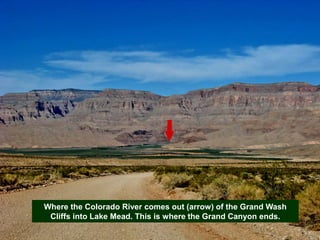 Where the Colorado River comes out (arrow) of the Grand Wash
Cliffs into Lake Mead. This is where the Grand Canyon ends.
 