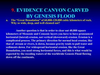 9. EVIDENCE CANYON CARVED
BY GENESIS FLOOD
a. The “Great Denudation” of 60,000-120,000 cubic kilometers of rock.
Why so wide, deep, and well cleaned out?
Another question is that in order to clear out 40,000 square
kilometers of Mesozoic and Cenozoic layers you have to have pronounced
horizontal (lateral) erosion, not vertical (downward) erosion. Erosion is a
complicated process. The primary direction for normal local erosion, like
that of stream or rivers, is down, because gravity tends to pull water and
sediments down. For widespread horizontal erosion, like the Great
Denudation, you need strong horizontal forces, and this is what would be
expected by the receding waters of the worldwide Genesis Flood flowing
down off the continents.
 