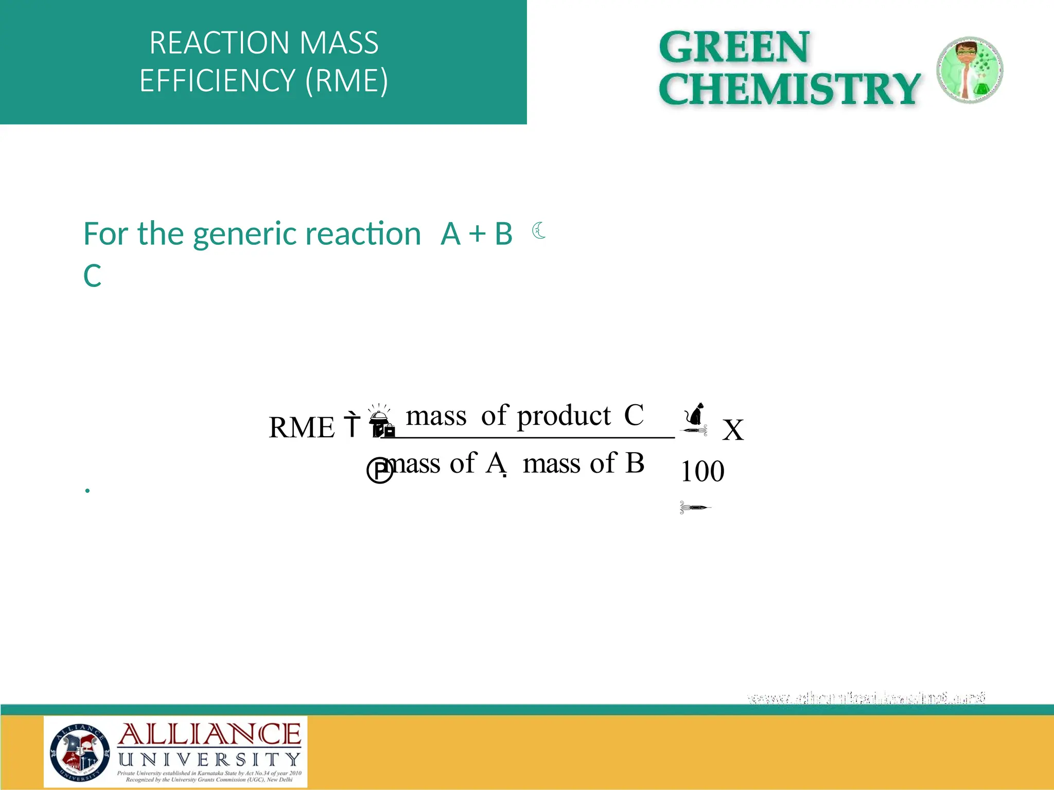 For the generic reaction A + B 
C
.
mass of product C  X
100




RME  
mass of A  mass of B
REACTION MASS
EFFICIENCY (RME)
 