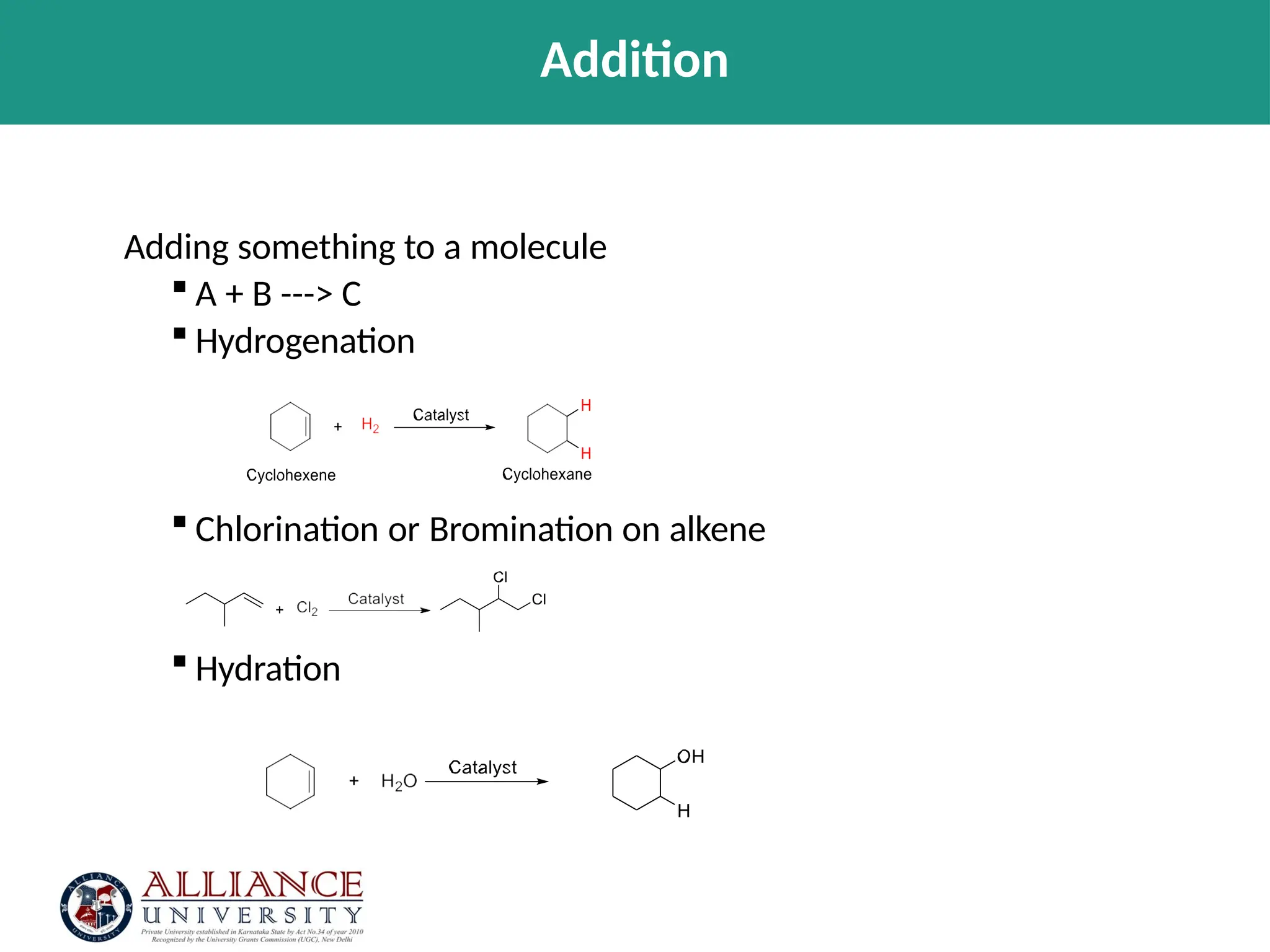 Addition
Adding something to a molecule
 A + B ---> C
 Hydrogenation
 Chlorination or Bromination on alkene
 Hydration
 