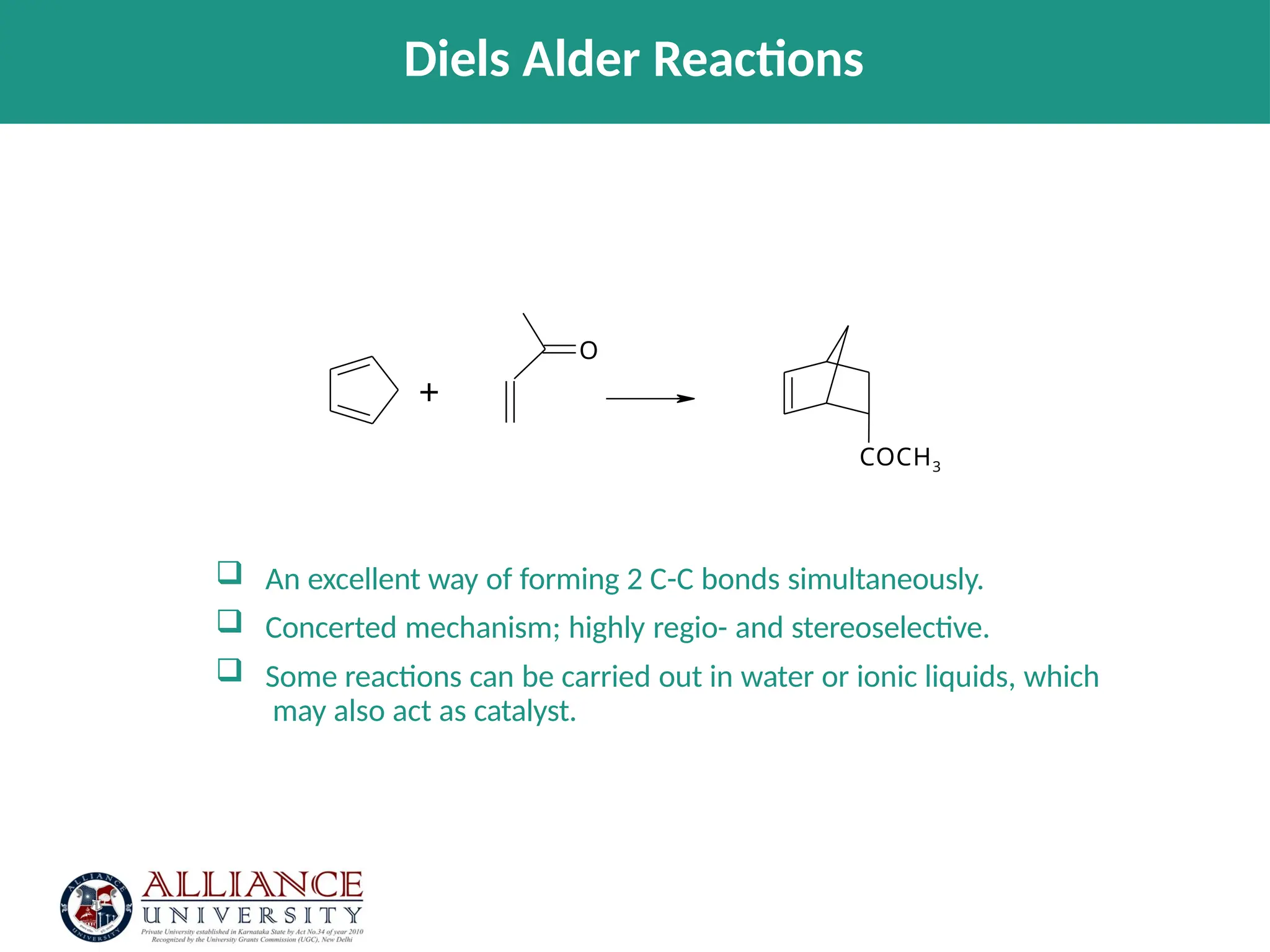  An excellent way of forming 2 C-C bonds simultaneously.
 Concerted mechanism; highly regio- and stereoselective.
 Some reactions can be carried out in water or ionic liquids, which
may also act as catalyst.
+
O
COCH3
Diels Alder Reactions
 