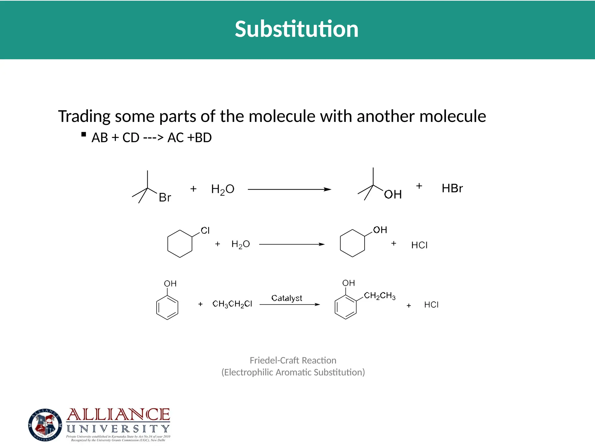 Trading some parts of the molecule with another molecule
 AB + CD ---> AC +BD
Friedel-Craft Reaction
(Electrophilic Aromatic Substitution)
Substitution
 