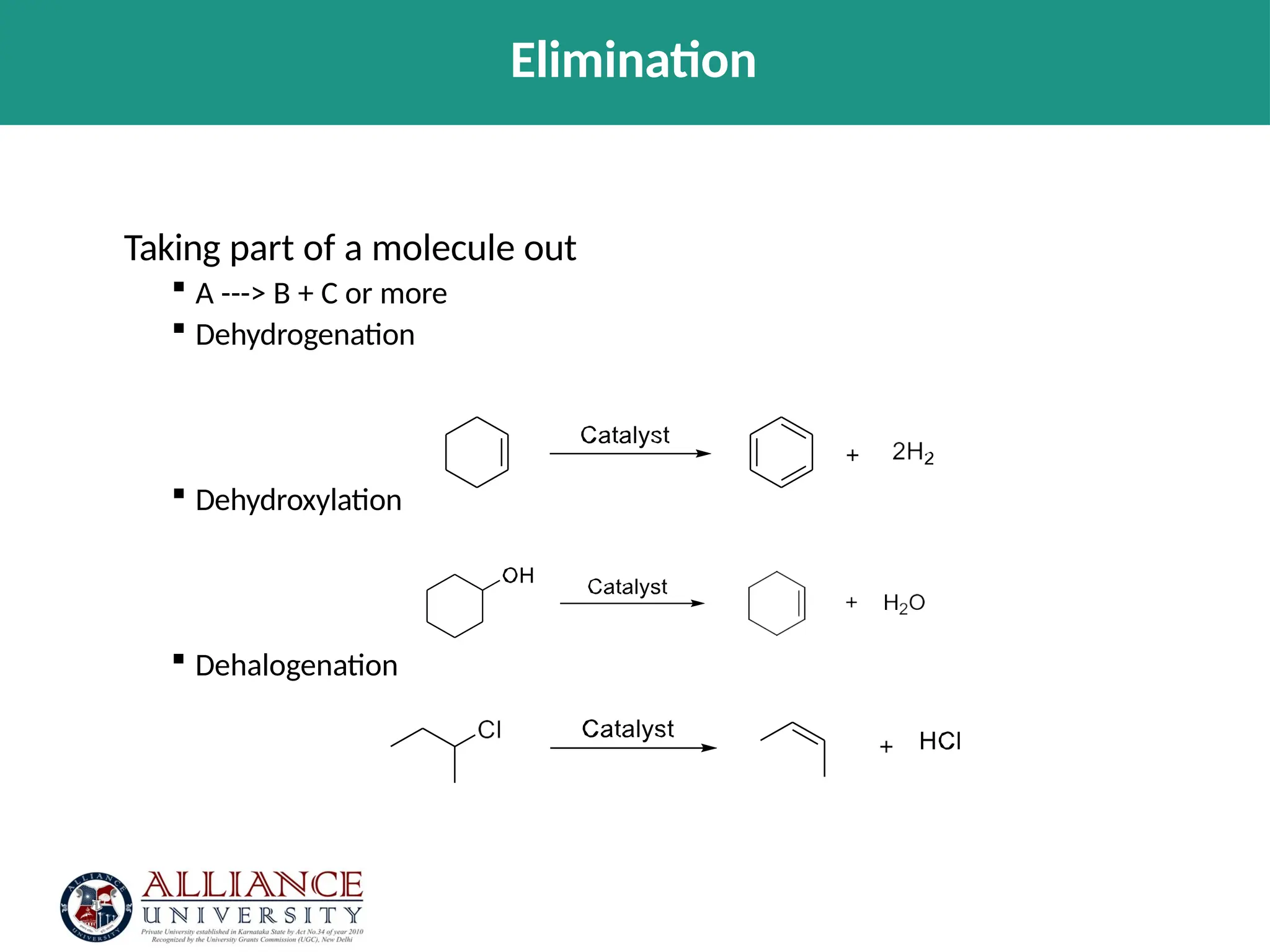 Elimination
Taking part of a molecule out
 A ---> B + C or more
 Dehydrogenation
 Dehydroxylation
 Dehalogenation
 