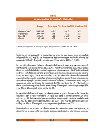 27
Teniendo en consideración el porcentaje de error de esta tabla, para un nivel de
colesterol de 200 mg/dL, un laboratorio debiera entregar resultados dentro del
rango de 182 a 218 mg/dL, por ejemplo (Error total = 200 +/- 8,9%).
La precisión da cuenta del error aleatorio de las mediciones y se expresa normal-
mente como coeficiente de variación (CV). Mientras menor sea éste, mejor grado
de reproducibilidad de los resultados para un mismo examen. Un CV del orden de
un 5% es satisfactorio para la gran mayoría de los métodos analíticos de labora-
torio; sin embargo, puede ser excesivo para las determinaciones de colesterol,
especialmente cuando se realiza el seguimiento de un paciente con dislipidemia.
A modo de ejemplo, un laboratorio con un CV de un 5% en una muestra sanguí-
nea con un valor verdadero de colesterol de 200 mg/dL es de +/- 10 mg/dL, es
decir, podría entregar resultados entre 190 y 210 mg/dL como rango aceptable,
y de 194 a 206 mg/dL para un CV de 3%.
La exactitud de las mediciones de laboratorio es el grado de concordancia de los
resultados con el valor verdadero. Al igual que para el ejemplo anterior, un labo-
ratorio con 5% de inexactitud para cuantificar muestras de colesterol verdadero de
200 mg/dL, podría entregar resultados de 200 – 210 mg/dL, como rango acep-
table y de 194 a 206 mg/dL para un porcentaje de error de 3%.
Para disminuir los errores de laboratorio en las determinaciones que ejecutan, se
deben llevar a cabo en forma regular programas de control interno, que incorpo-
Tabla 5
Variación analítica del colesterol y triglicéridos*
Rango Error total (%) Exactitud (%) Precisión (%)
Colesterol total 200-240 ≤8,9 ≤ ± 3 ≤3
Triglicéridos 200-400 ≤15 ≤ ± 3 ≤3
Col-HDL 35-60 ≤22 ≤ ±10 ≤6
Col-LDL 130-160 ≤12 ≤ ± 4 ≤4
* Jillial I. A practical approach to the laboratory and diagnosis of dyslipidemia. Am J. Clin Pathol 1996; 106: 128-138.
 